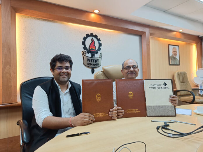 Mr. Sumit Kumar, Director & Founder, Headsup Corporation and Prof. Manoj K Tiwari (Director, NITIE) during the signing of MoU Mr. Sumit Kumar, Director & Founder, Headsup Corporation and Prof. Manoj K Tiwari (Director, NITIE) during the signing of MoU