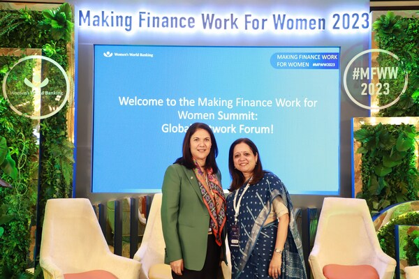 Making Finance Work for Women 2023 Summit in Mumbai Mary Ellen Iskenderian, President and CEO (L) and Kalpana Ajayan, Regional Head- S Asia (R) of Women’s World Banking from the Making Finance Work for Women 2023 Summit in Mumbai.